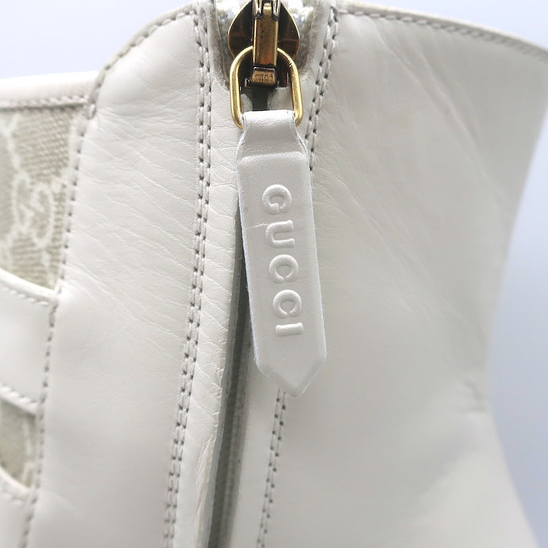 Gucci Kensington GG Supreme Crystal Buckle Boots Cream Canvas &amp; Leather Size 40