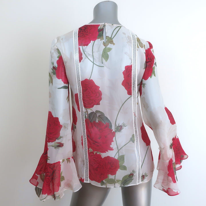 Giambattista Valli Rose Print Bow Blouse White/Red Silk Size 40 Bell Sleeve Top