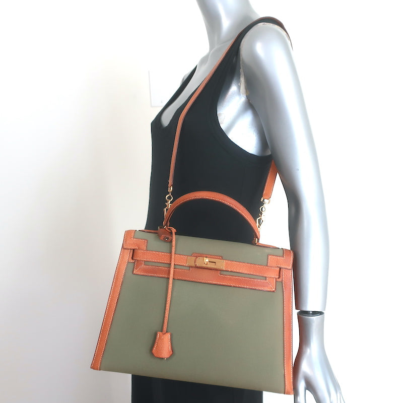 Vintage Hermes Kelly Retourne 32 Bag Olive Canvas &amp; Gold Peau Porc Leather Trim