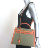 Vintage Hermes Kelly Retourne 32 Bag Olive Canvas & Gold Peau Porc Leather Trim