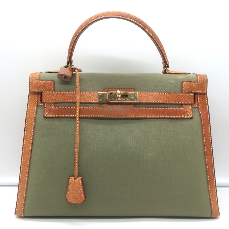 Vintage Hermes Kelly Retourne 32 Bag Olive Canvas &amp; Gold Peau Porc Leather Trim