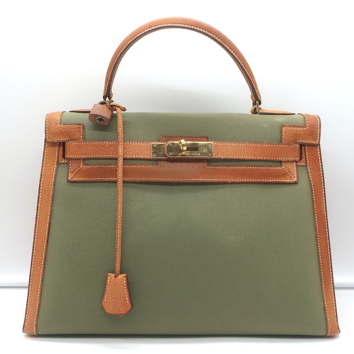 Vintage Hermes Kelly Retourne 32 Bag Olive Canvas &amp; Gold Peau Porc Leather Trim