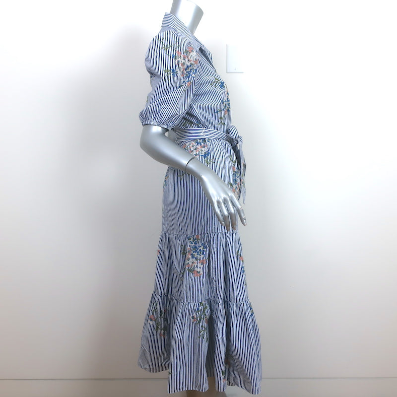Veronica Beard Eunice Floral-Embroidered Dress Blue/White Striped Cotton Size 4