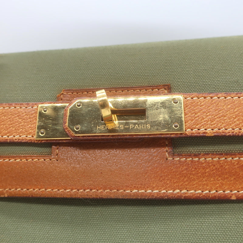 Vintage Hermes Kelly Retourne 32 Bag Olive Canvas &amp; Gold Peau Porc Leather Trim