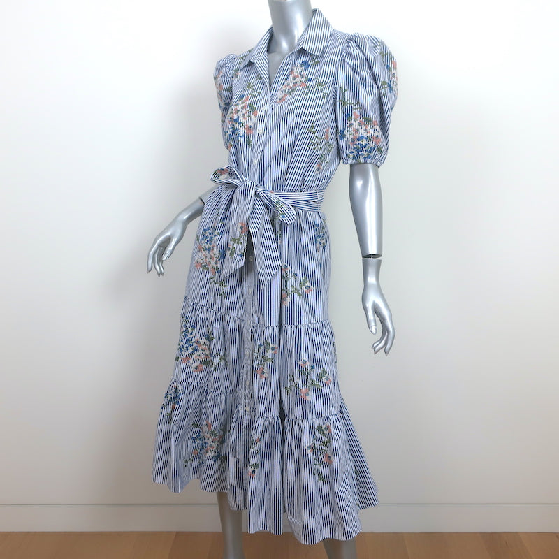 Veronica Beard Eunice Floral-Embroidered Dress Blue/White Striped Cotton Size 4