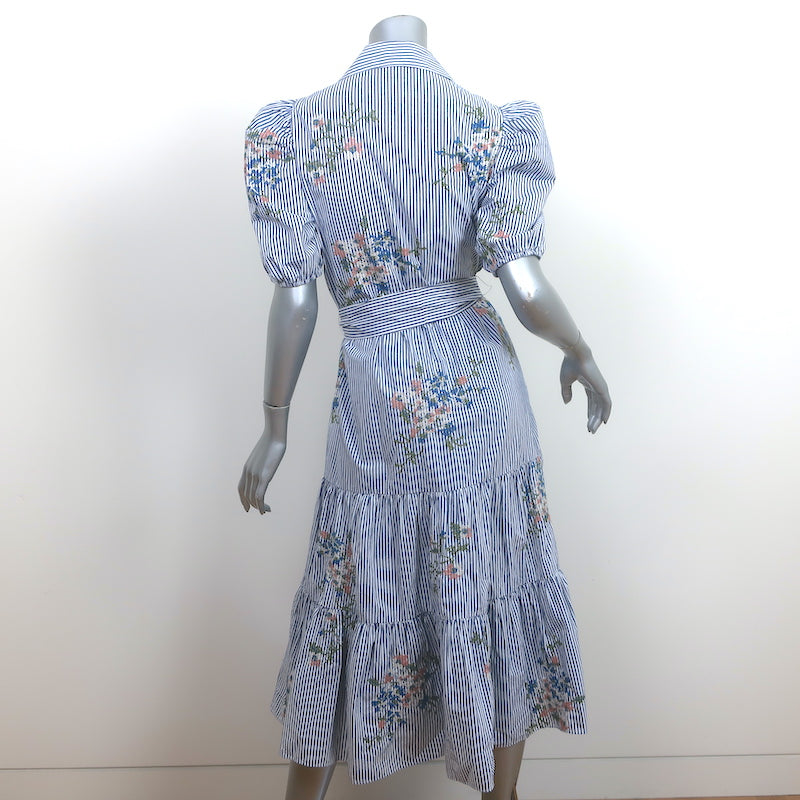Veronica Beard Eunice Floral-Embroidered Dress Blue/White Striped Cotton Size 4