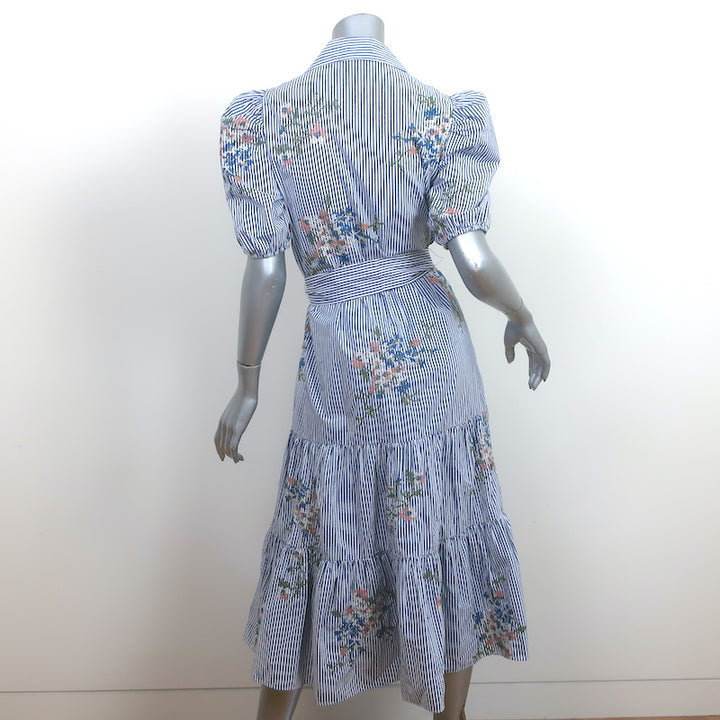 Veronica Beard Eunice Floral-Embroidered Dress Blue/White Striped Cotton Size 4