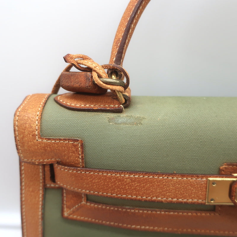 Vintage Hermes Kelly Retourne 32 Bag Olive Canvas &amp; Gold Peau Porc Leather Trim