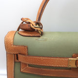 Vintage Hermes Kelly Retourne 32 Bag Olive Canvas & Gold Peau Porc Leather Trim