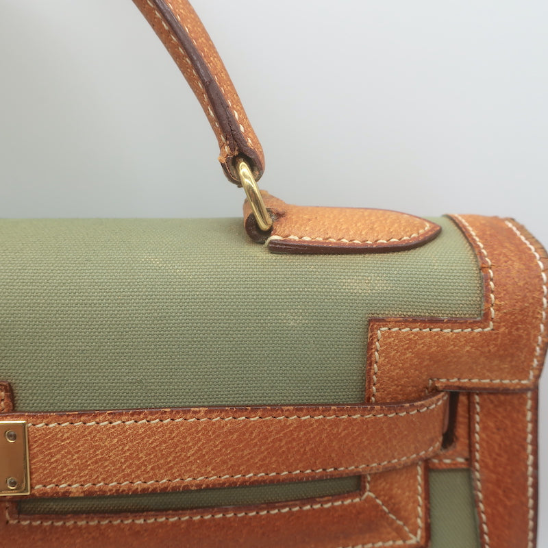 Vintage Hermes Kelly Retourne 32 Bag Olive Canvas &amp; Gold Peau Porc Leather Trim