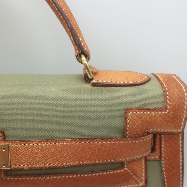 Vintage Hermes Kelly Retourne 32 Bag Olive Canvas &amp; Gold Peau Porc Leather Trim