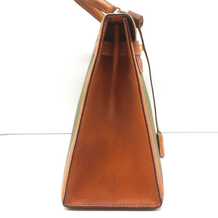 Vintage Hermes Kelly Retourne 32 Bag Olive Canvas &amp; Gold Peau Porc Leather Trim