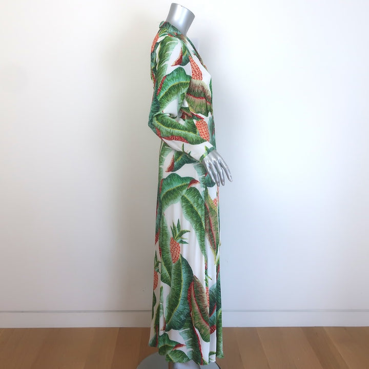 FARM Rio Forest Palm Long Sleeve Maxi Dress Green/Cream Size Small