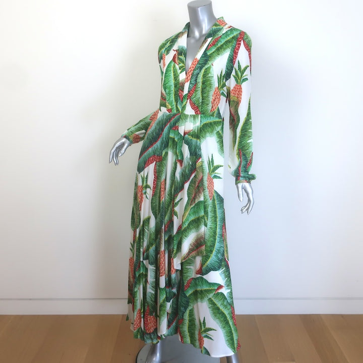 FARM Rio Forest Palm Long Sleeve Maxi Dress Green/Cream Size Small
