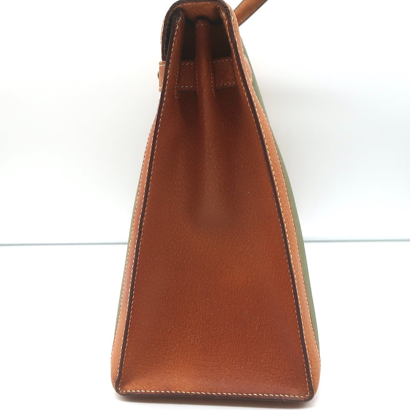 Vintage Hermes Kelly Retourne 32 Bag Olive Canvas &amp; Gold Peau Porc Leather Trim