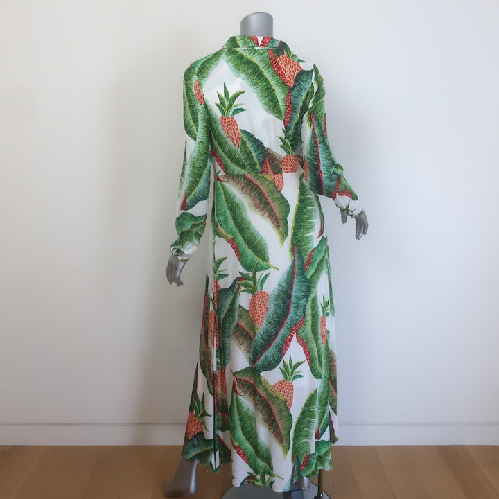 FARM Rio Forest Palm Long Sleeve Maxi Dress Green/Cream Size Small