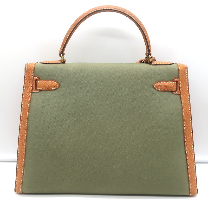 Vintage Hermes Kelly Retourne 32 Bag Olive Canvas &amp; Gold Peau Porc Leather Trim