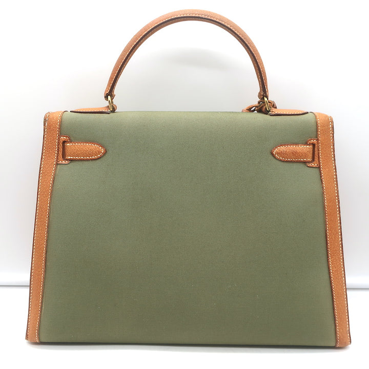 Vintage Hermes Kelly Retourne 32 Bag Olive Canvas &amp; Gold Peau Porc Leather Trim