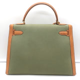 Vintage Hermes Kelly Retourne 32 Bag Olive Canvas & Gold Peau Porc Leather Trim