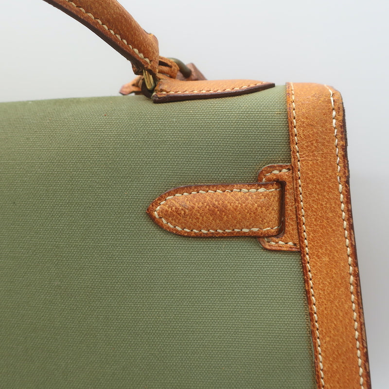 Vintage Hermes Kelly Retourne 32 Bag Olive Canvas &amp; Gold Peau Porc Leather Trim