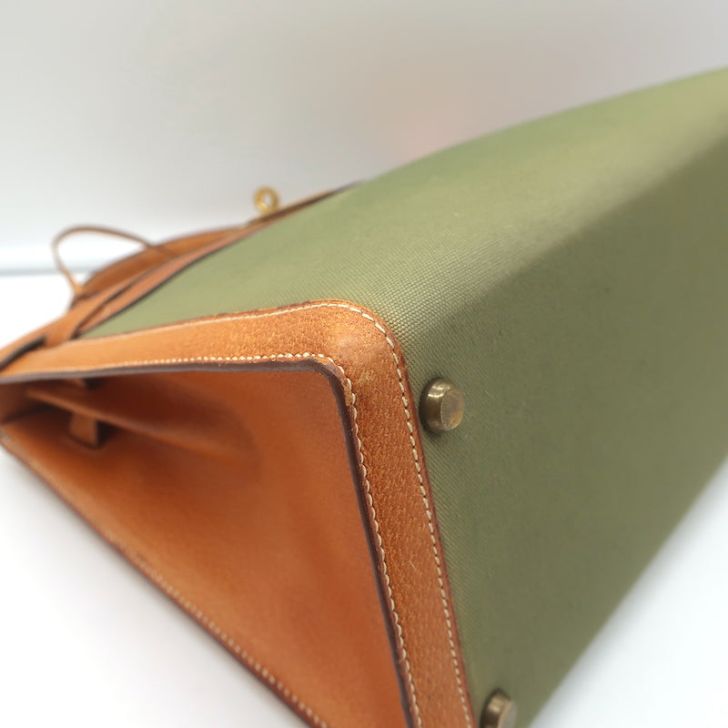 Vintage Hermes Kelly Retourne 32 Bag Olive Canvas &amp; Gold Peau Porc Leather Trim