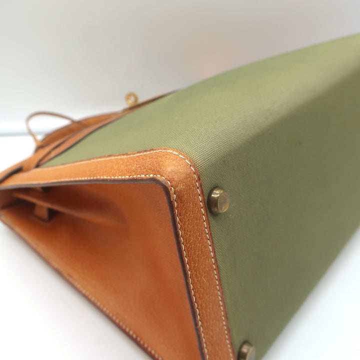 Vintage Hermes Kelly Retourne 32 Bag Olive Canvas &amp; Gold Peau Porc Leather Trim
