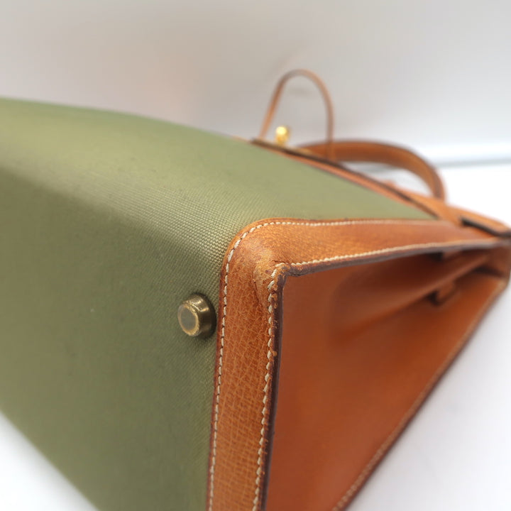 Vintage Hermes Kelly Retourne 32 Bag Olive Canvas &amp; Gold Peau Porc Leather Trim