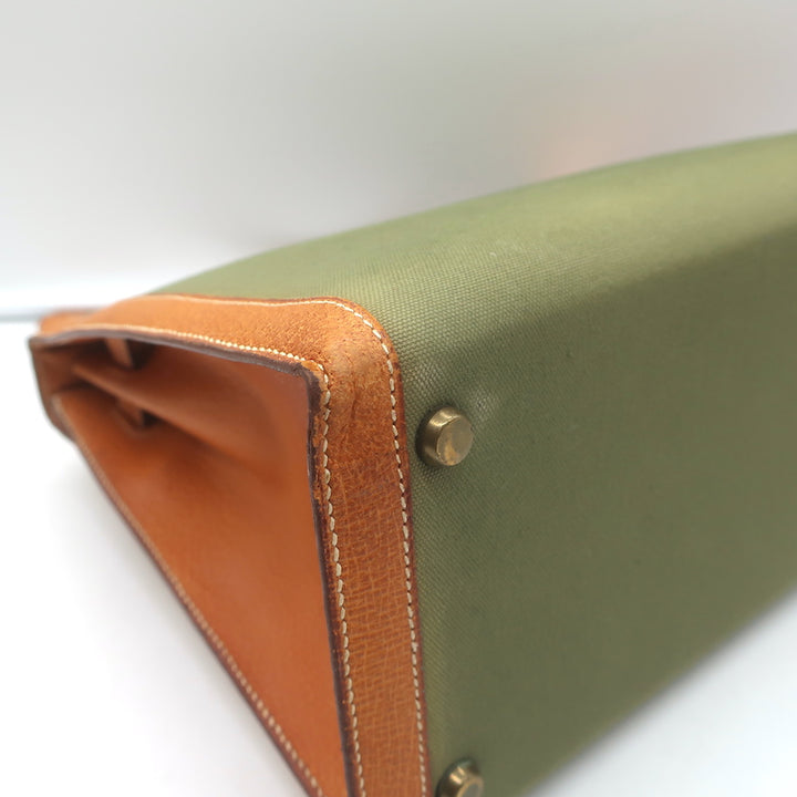 Vintage Hermes Kelly Retourne 32 Bag Olive Canvas &amp; Gold Peau Porc Leather Trim