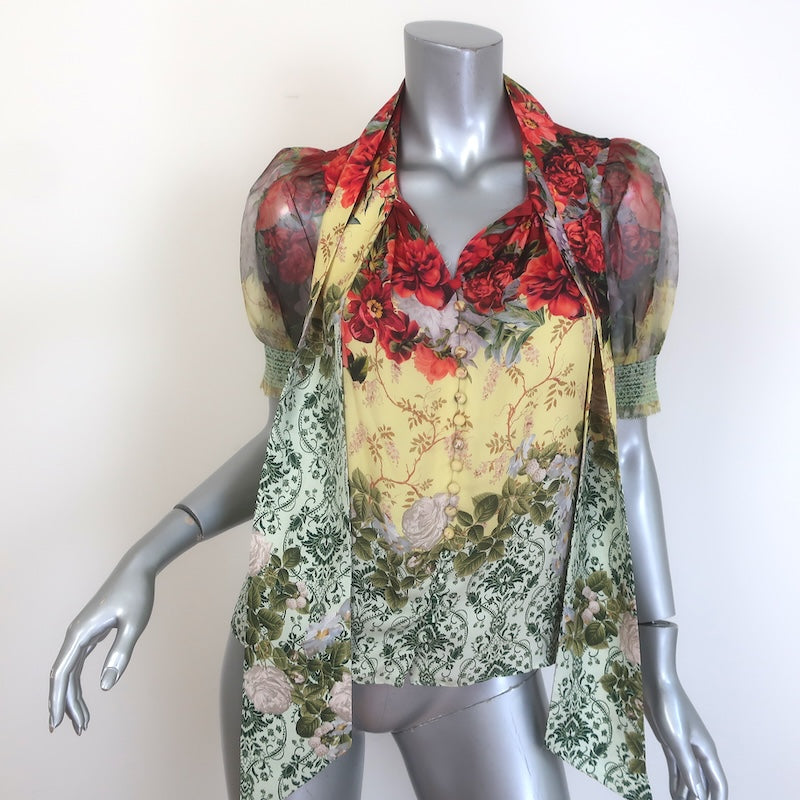 Alice + Olivia Brentley Tie Neck Puff Sleeve Top Floral Print Satin Size Small