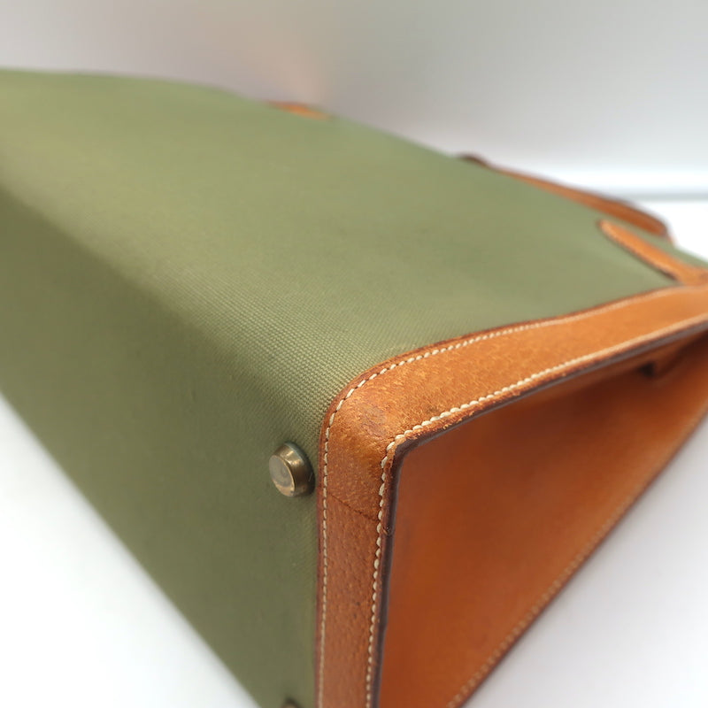 Vintage Hermes Kelly Retourne 32 Bag Olive Canvas &amp; Gold Peau Porc Leather Trim