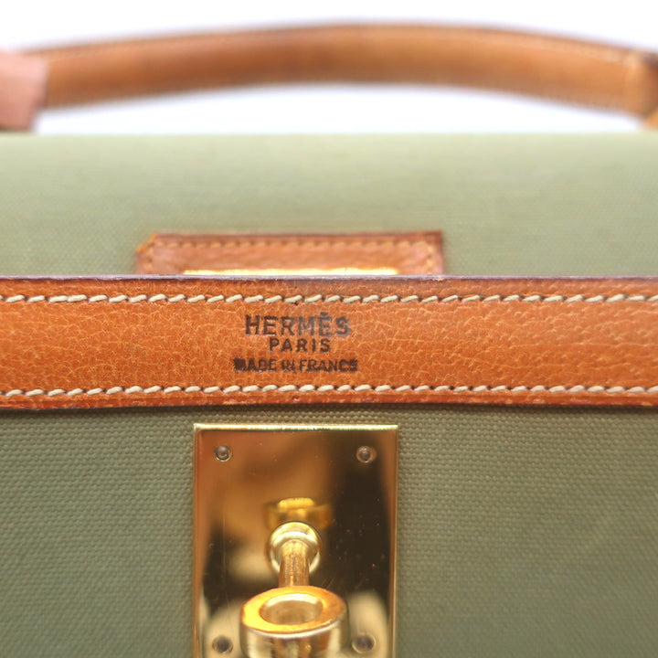 Vintage Hermes Kelly Retourne 32 Bag Olive Canvas &amp; Gold Peau Porc Leather Trim