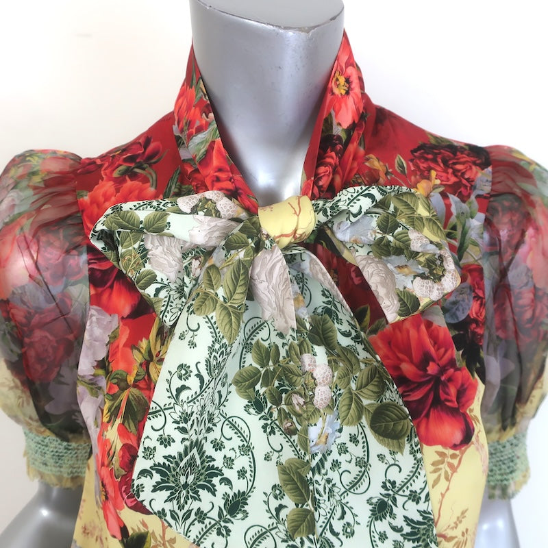 Alice + Olivia Brentley Tie Neck Puff Sleeve Top Floral Print Satin Size Small