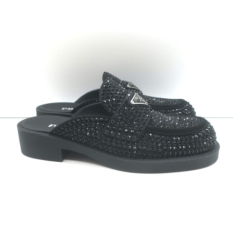 Prada Crystal Loafer Mules Black Satin Size 37