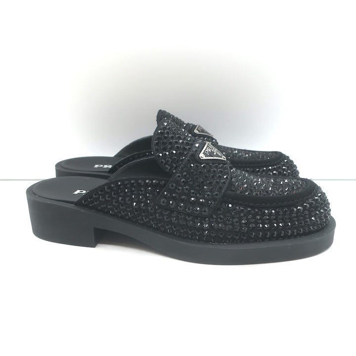 Prada Crystal Loafer Mules Black Satin Size 37