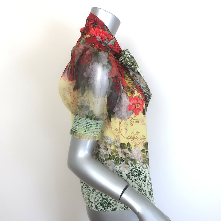 Alice + Olivia Brentley Tie Neck Puff Sleeve Top Floral Print Satin Size Small