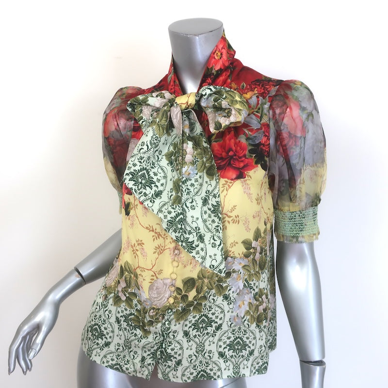 Alice + Olivia Brentley Tie Neck Puff Sleeve Top Floral Print Satin Size Small