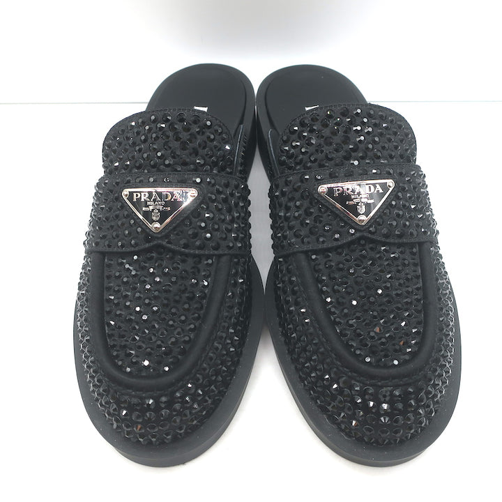 Prada Crystal Loafer Mules Black Satin Size 37