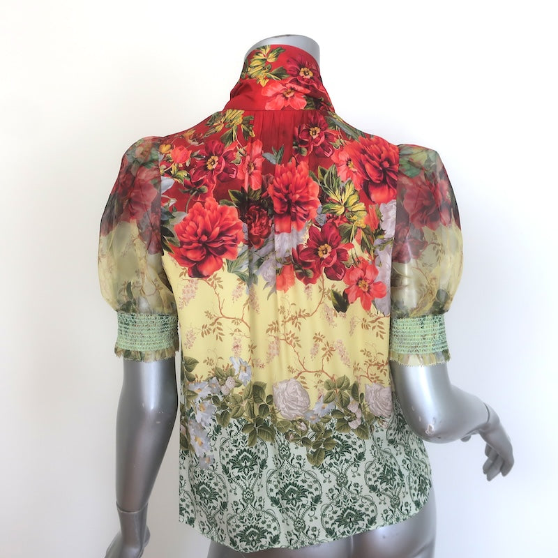 Alice + Olivia Brentley Tie Neck Puff Sleeve Top Floral Print Satin Size Small