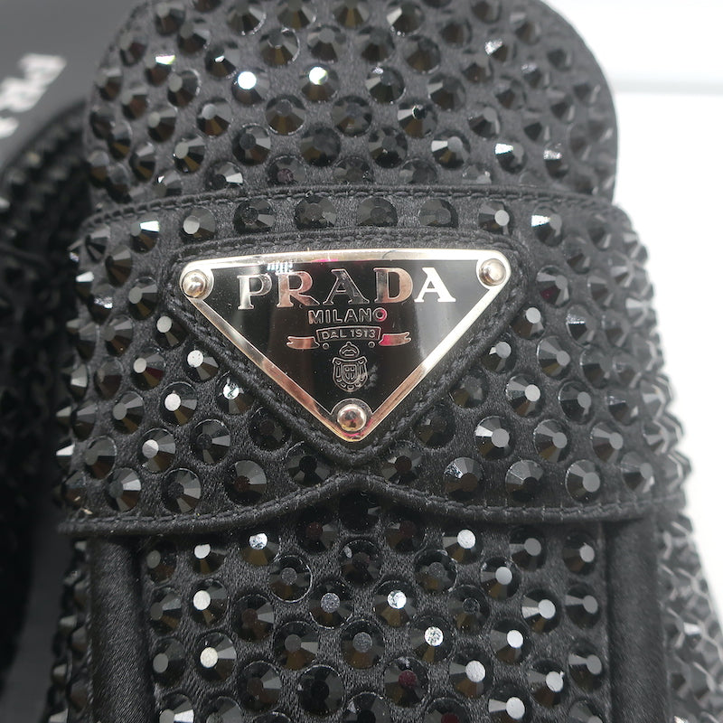 Prada Crystal Loafer Mules Black Satin Size 37