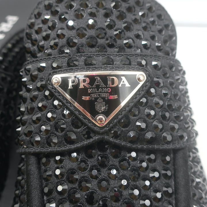 Prada Crystal Loafer Mules Black Satin Size 37