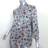 Gerard Darel Blouse Cream/Multi Floral Print Satin Size 38 Ruffled Neck Top