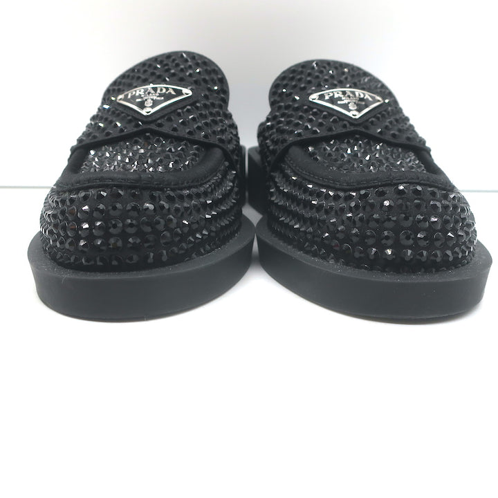 Prada Crystal Loafer Mules Black Satin Size 37