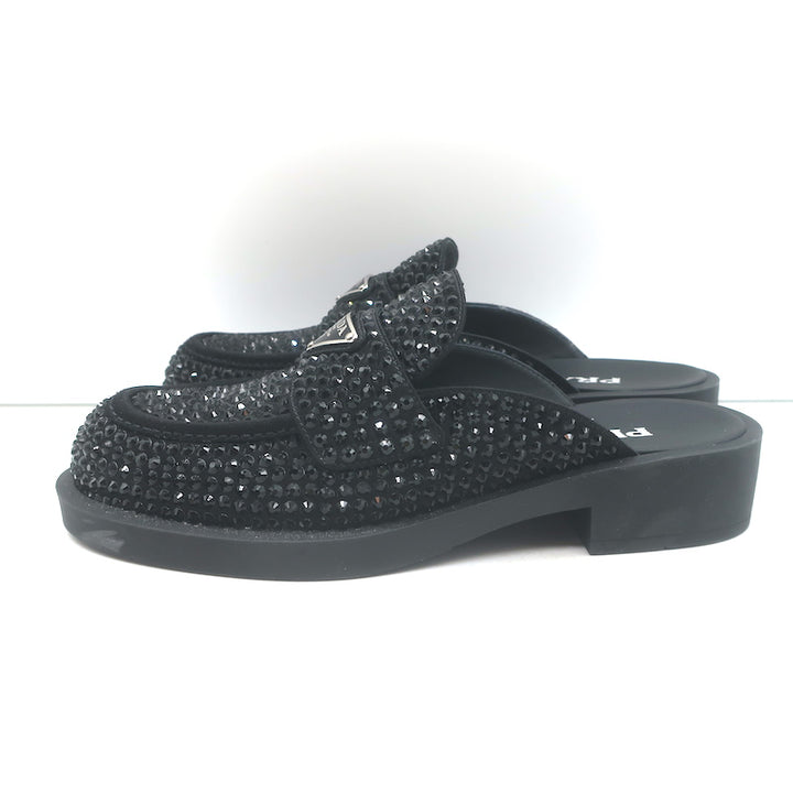 Prada Crystal Loafer Mules Black Satin Size 37