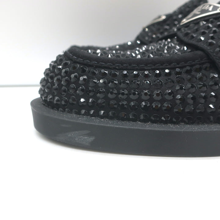 Prada Crystal Loafer Mules Black Satin Size 37