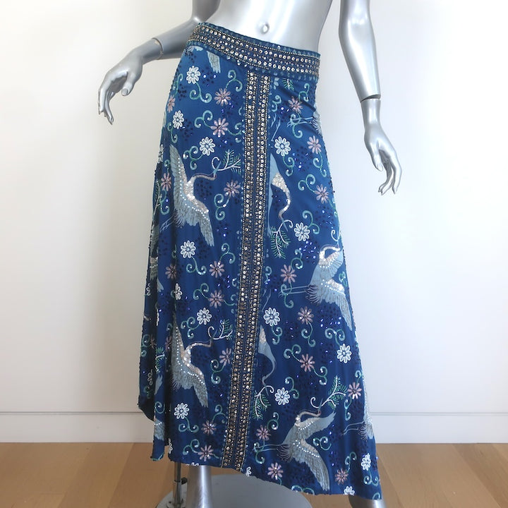 Calypso St. Barth Beaded Maxi Skirt Blue Floral Swan Print Silk Size Medium