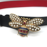 Gucci Queen Margaret Pearl Bee Belt Black Leather Size 90 US 36