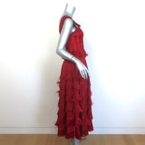 Alaia Raffia-Fringe Tiered Midi Dress Red Size 40