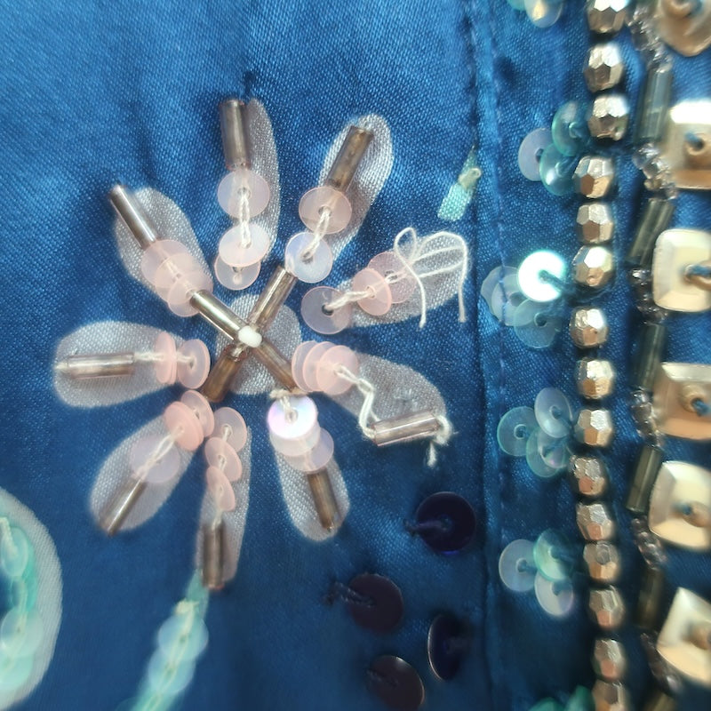 Calypso St. Barth Beaded Maxi Skirt Blue Floral Swan Print Silk Size Medium