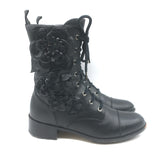 Valentino Floral Applique Combat Boots Black Leather Size 39.5