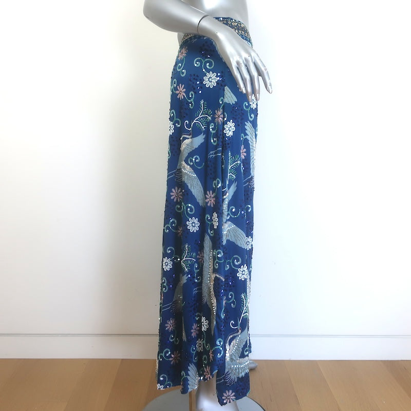 Calypso St. Barth Beaded Maxi Skirt Blue Floral Swan Print Silk Size Medium